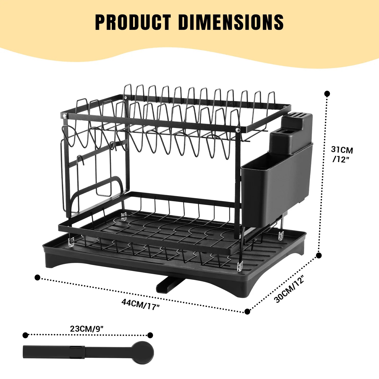 2-Tier Black Dish Drying Rack for Kitchen Countertop - Stainless Steel Dish Drainer with Drip Tray, Draining Board & Utensil