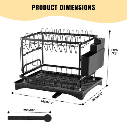 2-Tier Black Dish Drying Rack for Kitchen Countertop - Stainless Steel Dish Drainer with Drip Tray, Draining Board & Utensil