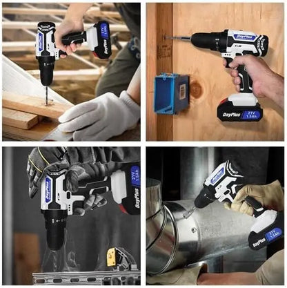 Dayplus Cordless Drill And Screwdriver Set 21V Electric Combi Drill With 2 X 1500mAh Battery