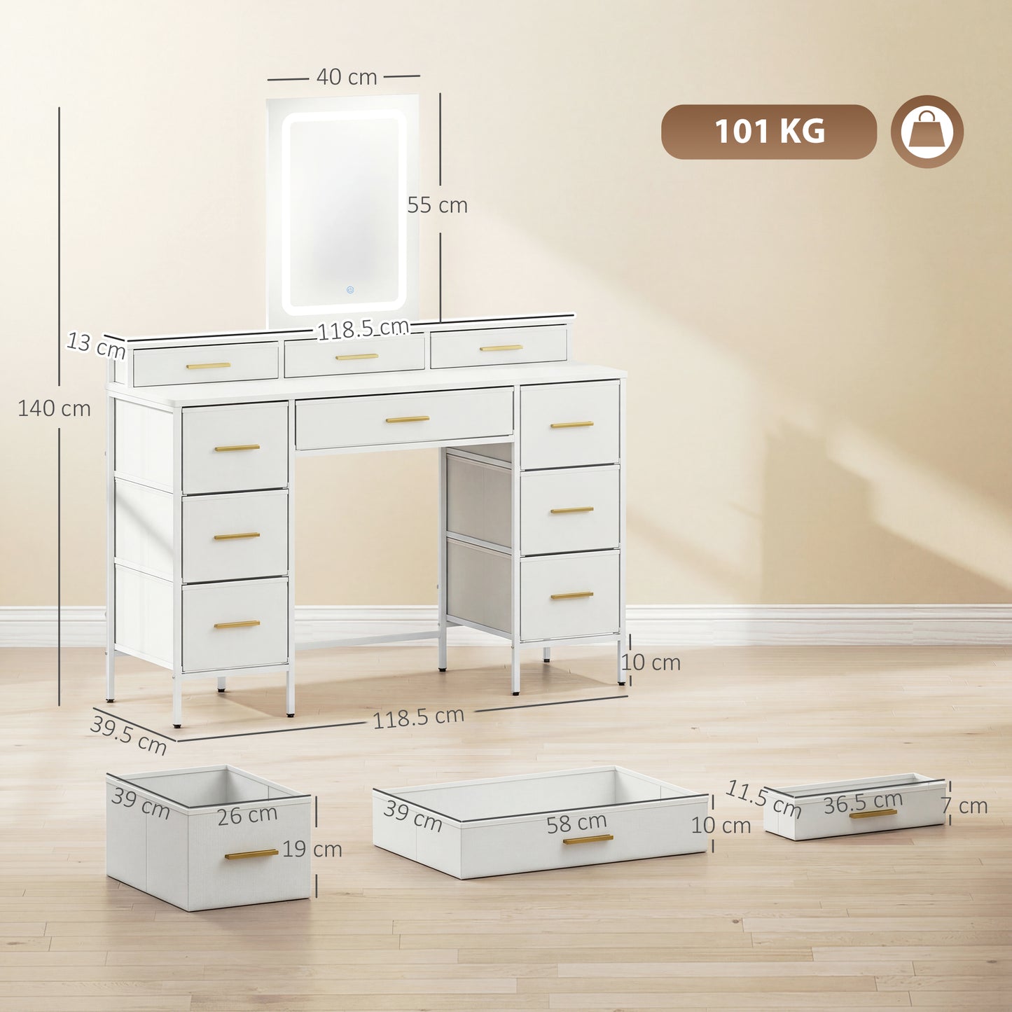 Dressing Table with LED Mirror | 10 Fabric Drawers | Gold Handles | 3 Light Modes | Anti-Tip | White