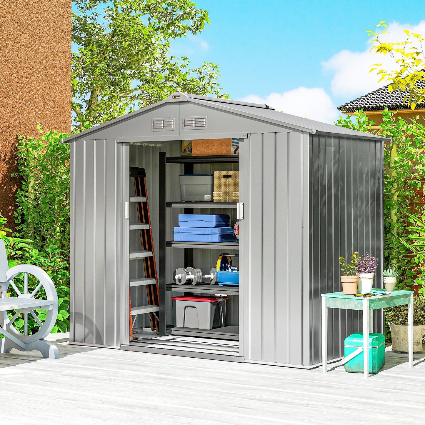 Galvanised Steel Garden Tool Storage Shed | Double Sliding Lockable Door | 4 Vents | Sloped Roof | Foundation Kit Included | 213x130x185cm | Light Grey