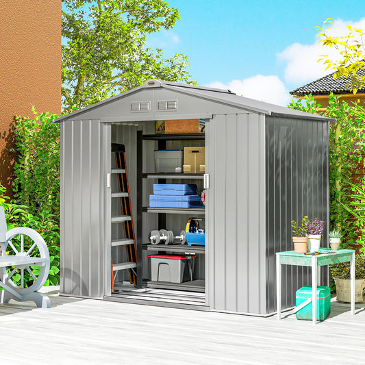 Galvanised Steel Garden Tool Storage Shed | Double Sliding Lockable Door | 4 Vents | Sloped Roof | Foundation Kit Included | 213x130x185cm | Light Grey
