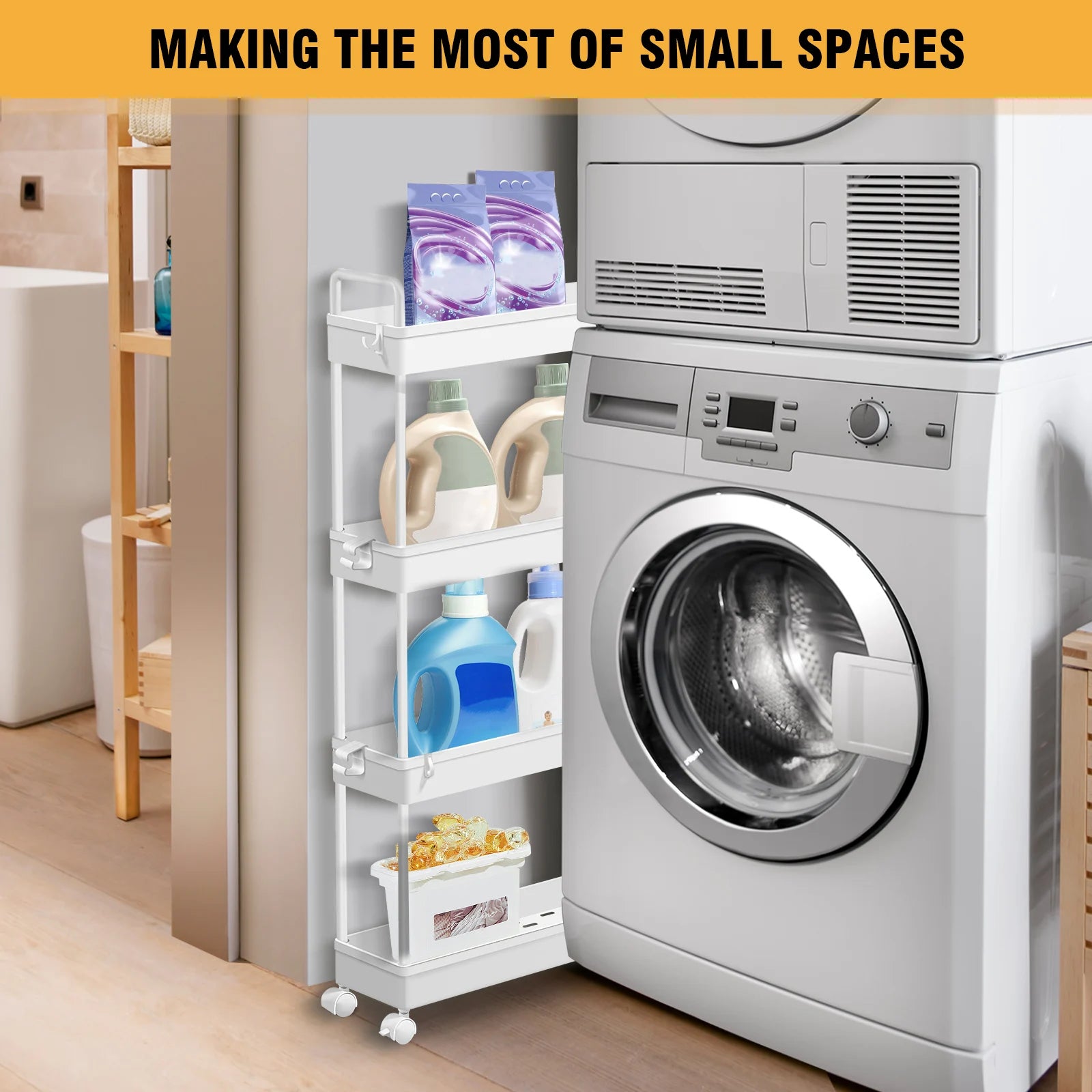 4-Tier Storage Rack Trolley Rolling Utility Cart Mobile Shelving Organiser Slide Out For Kitchen, Bathroom, Bedroom