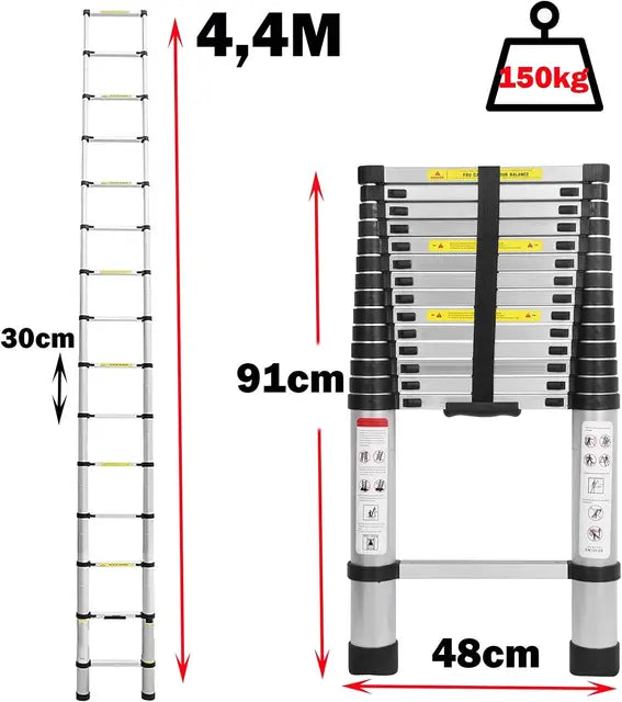 2.6M - 5M Multi Purpose Telescopic Ladder Sturdy Aluminium Telescoping Extension Ladders 330lb Max Load EN131 For Household Outdoor Work