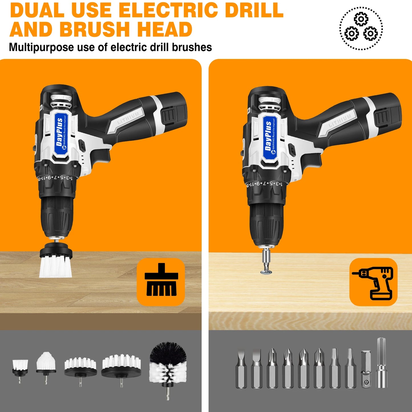 2-In-1 Cordless Drill & Electric Spin Scrubber Cleaning Brush Combi Set With Battery And Charger 25+1 Keyless