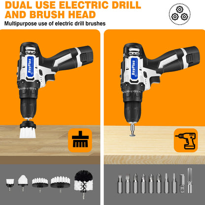 2-In-1 Cordless Drill & Electric Spin Scrubber Cleaning Brush Combi Set With Battery And Charger 25+1 Keyless