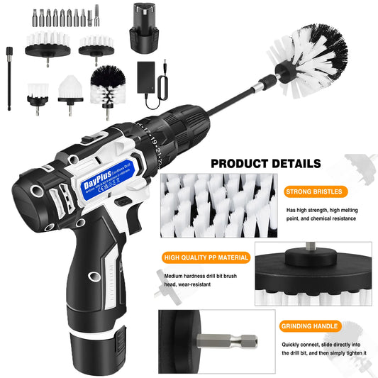 2-In-1 Cordless Drill & Electric Spin Scrubber Cleaning Brush Combi Set With Battery And Charger 25+1 Keyless
