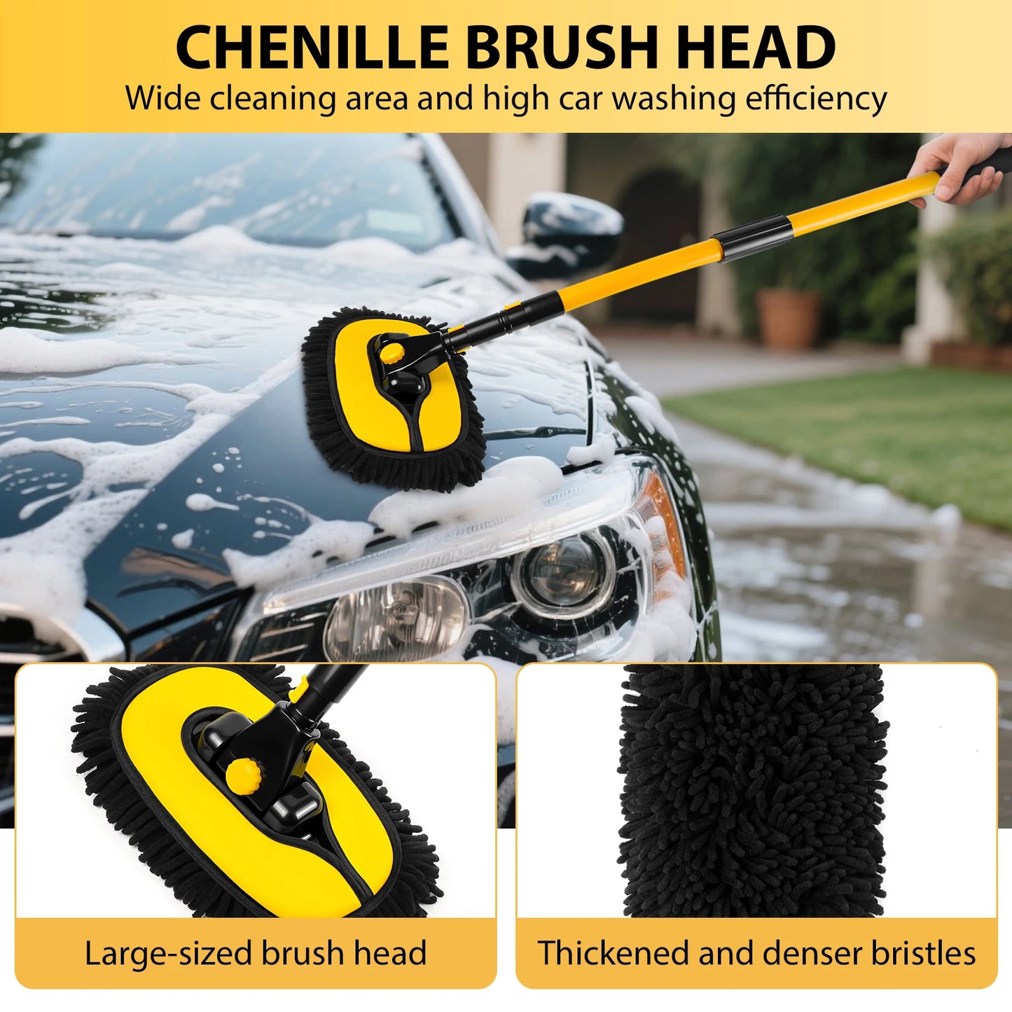 Car Wash Brush With Long Handle, 15° Curved Extendable Car Cleaning Brush with Replaceable Microfibre Mop Head,Washing Brush 55 Inch
