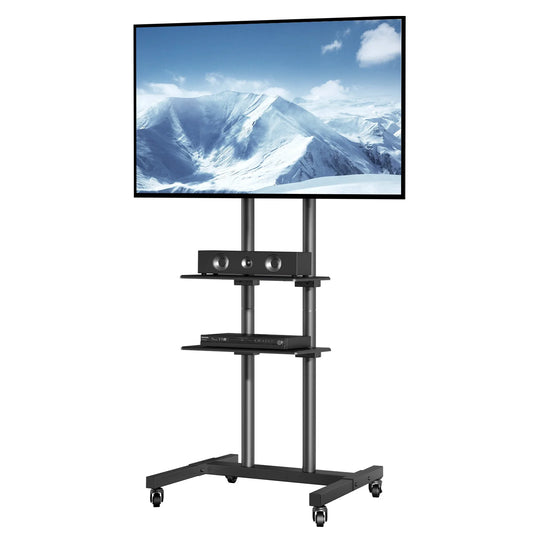 Mobile TV Stand Height Adjustable With Wheels Double Tray For Audio Visual Devices Rolling TV Station