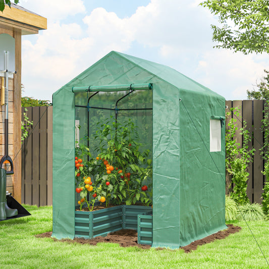 Mini Greenhouse with Raised Garden Bed, Galvanised Walk-in Greenhouse with Roll Up Windows, 56" x 56" x 75", Green