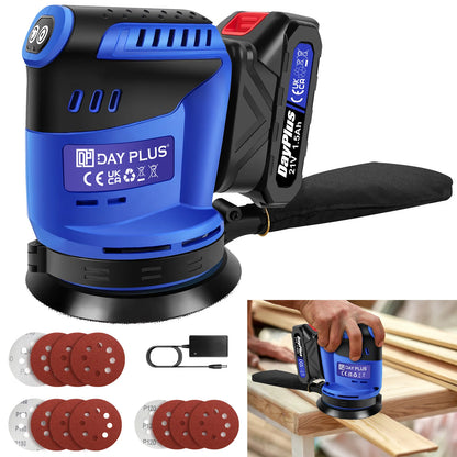 3000W Cordless Random Orbit Sander With 12 Piece Sandpapers, 3 Variable Speed 125mm Hand Electric Tool With Battery