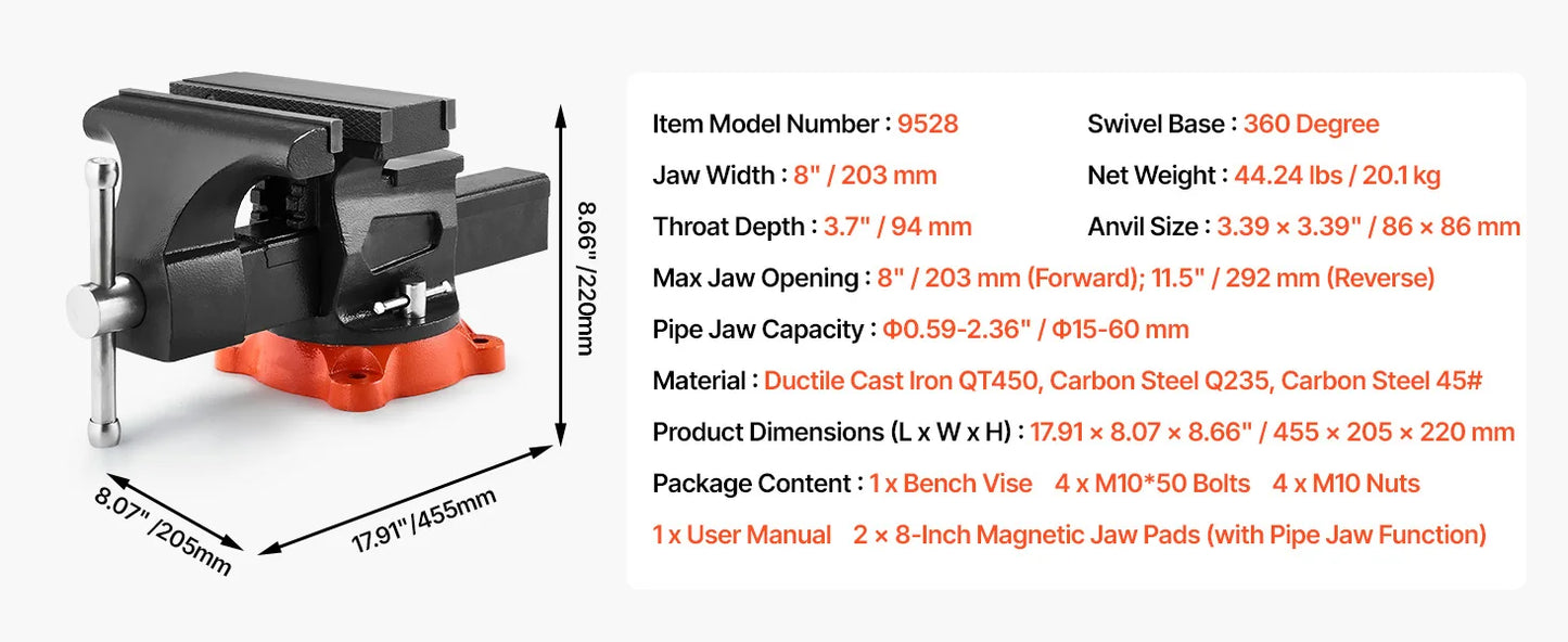 Succebuy Bench Vise 5"/5.5"/8" Jaw Width Multipurpose Vise with 360° Swivel Locking Base Vise with Anvil for Clamping round Pipe