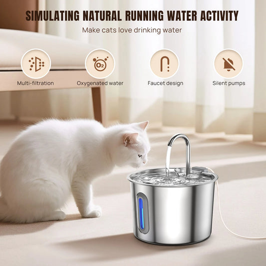 Stainless Steel Cat Water Drinking Fountain 2.2L, Quiet Dog And Cat Drink Station With Water Level Window