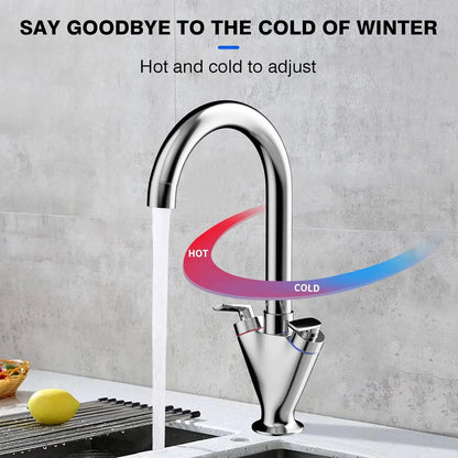 Kitchen Mixer Tap Traditional 360° Swivel Spout Monobloc Basin Taps Faucet Twin Lever Hot & Cold Water Control With Hoses