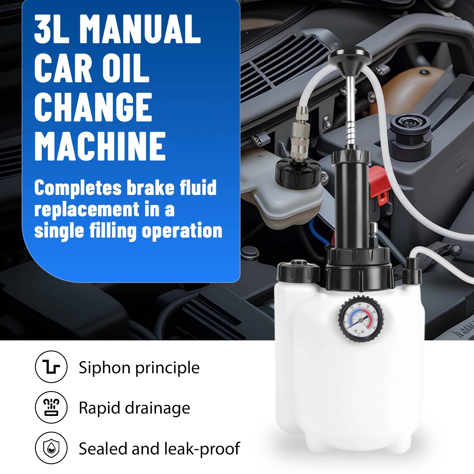 3 Litre Hand Brake Fluid Bleeder Bleeding Pressure Bleeders For Car Brake System, Tool With Extractor And Refill Bottle