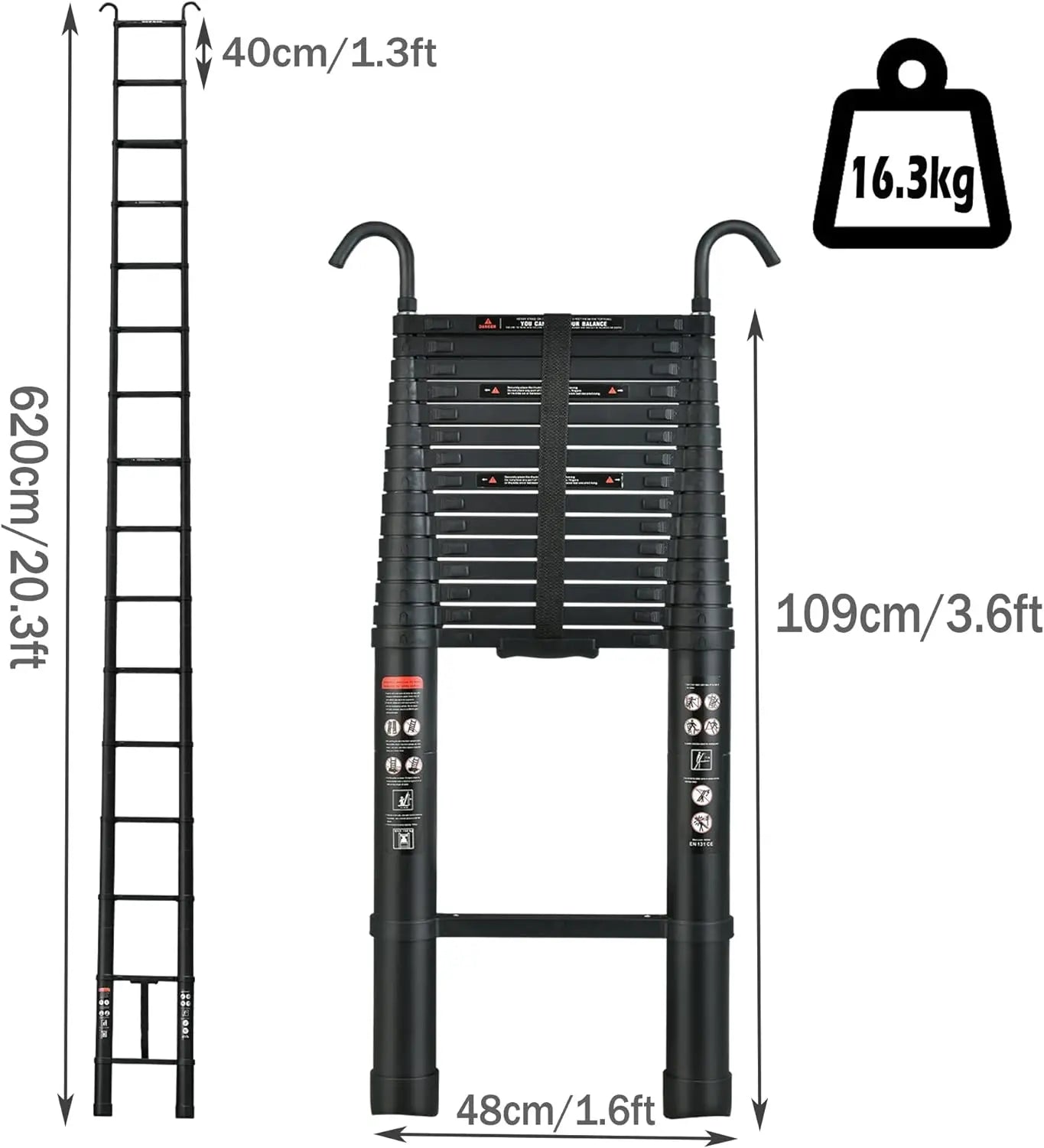 6.2M Heavy Duty Telescopic Ladder 14 Steps Aluminium Extending Roof Ladder With Hooks For Multi-Purpose Indoor Outdoor Ladder
