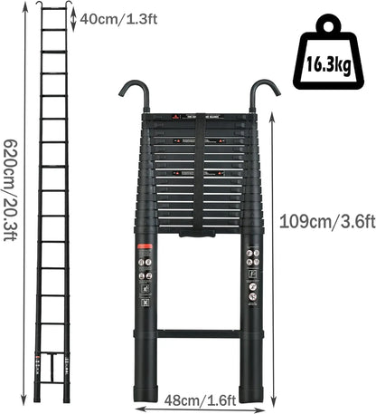 6.2M Heavy Duty Telescopic Ladder 14 Steps Aluminium Extending Roof Ladder With Hooks For Multi-Purpose Indoor Outdoor Ladder