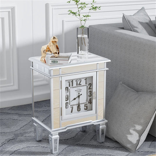 Silver Mirrored Glass Bedside Nightstand Side Table Cabinet With Quartz Clock And Storage Cabinet