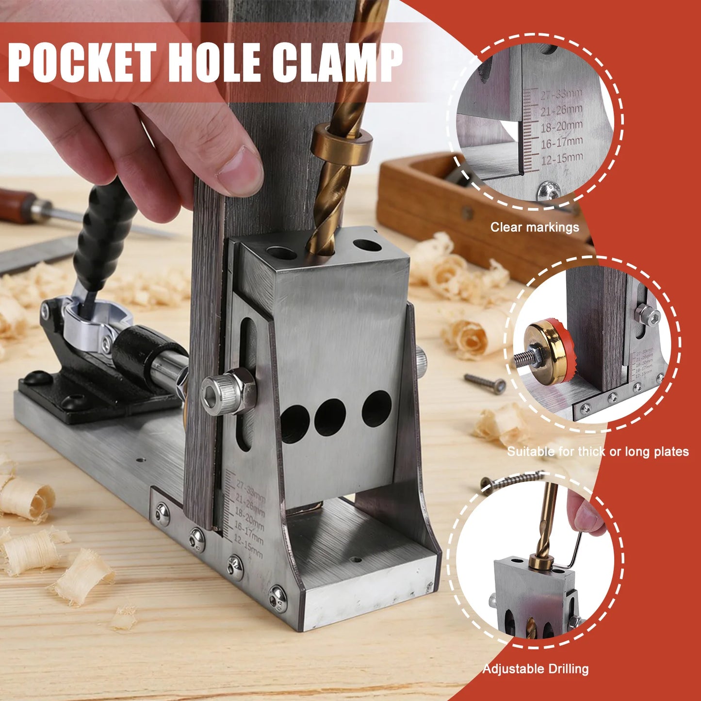 Pocket Hole Jig Kit Adjustable Portable Pocket Joinery Screw Kit with 3/8In Drill Bits for DIY Woodworking Carpentry Locator