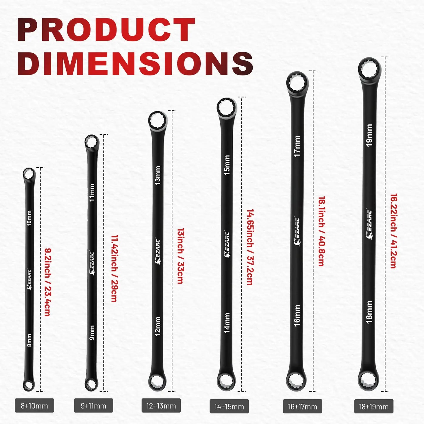 EZARC 6 Pack Extra Long Ratcheting Wrench Spannere Set Metric 8-19 mm Cr-V Steel And Black Electrophoretic Coating