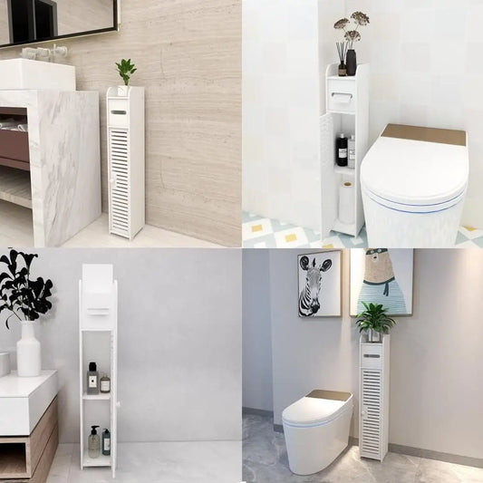 Bathroom Storage Cabinet 3 Tier Floor Cabinet Organizer with Door Free-Standing Toilet Roll Holder Narrow Toilet Storage Cabinet