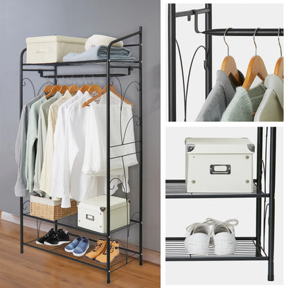Heavy Duty Metal Garment Shoe Rack Stand Freestanding Clothes Hanging Rail with Shelves