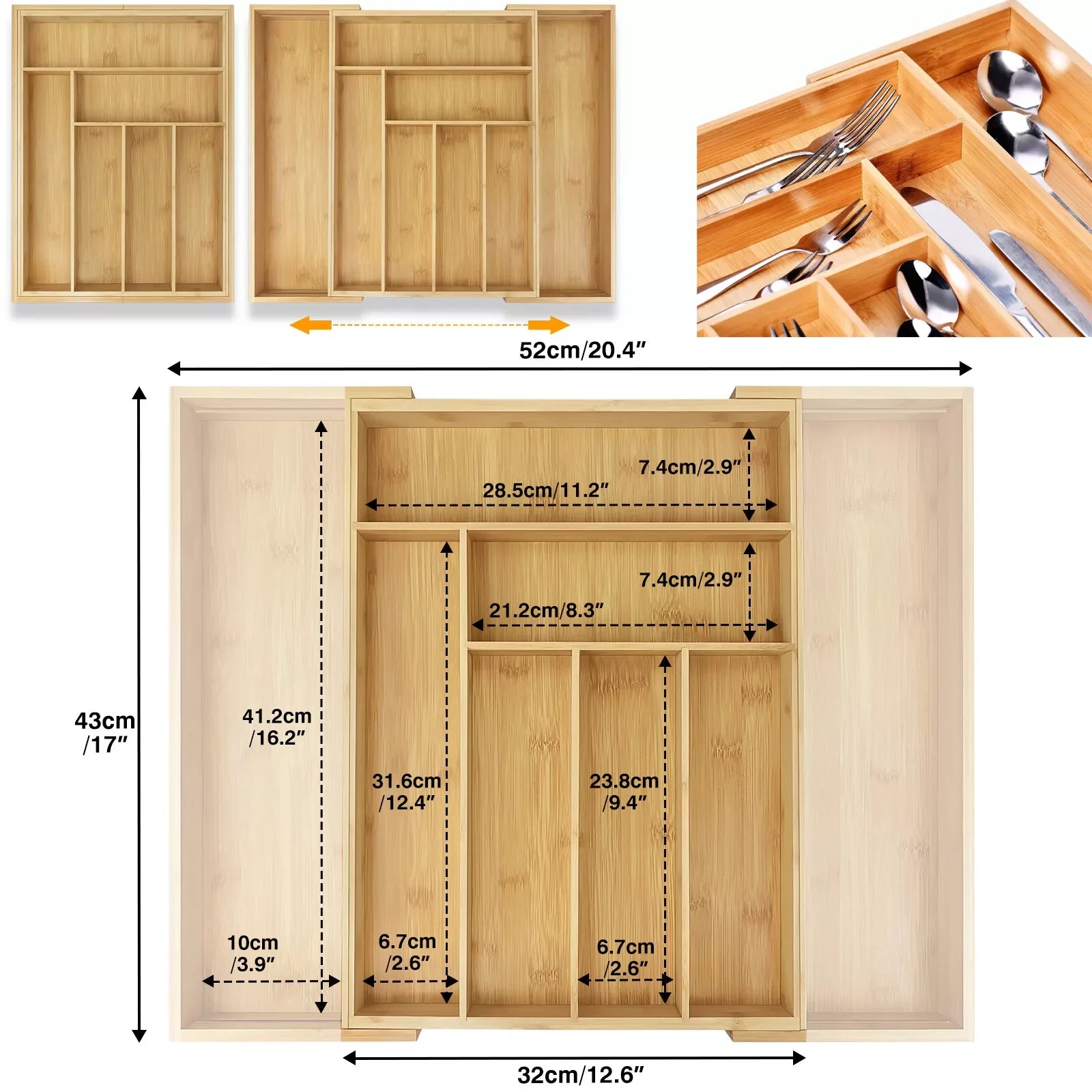 Extendable Bamboo Cutlery Tray Kitchen Drawer Storage Organiser 6-8 Storage Compartments