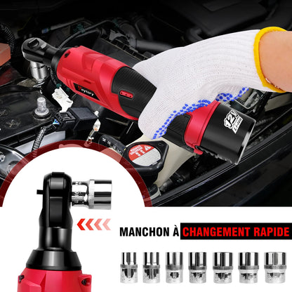 200NM 3/8" Cordless Electric Ratchet Wrench,90° Angle Wrench 12V Power Ratchet Tool with 2 Batteries & Charger+7 Sockets