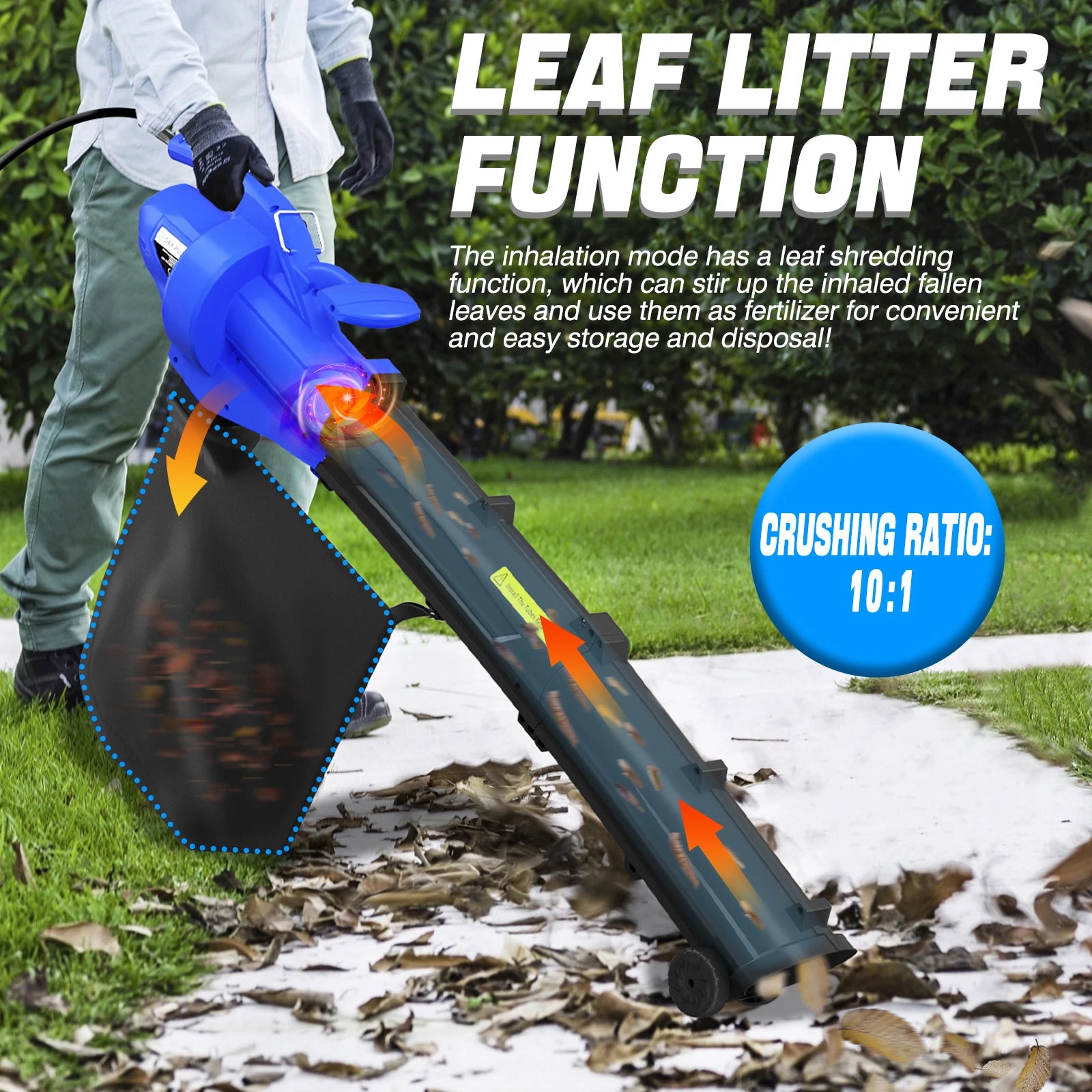 3 In 1 Leaf Blower Garden Vacuum Leaf Shredder, Powerful Electric Garden Blower For Household, 6 Variable Speeds & 35L Bag