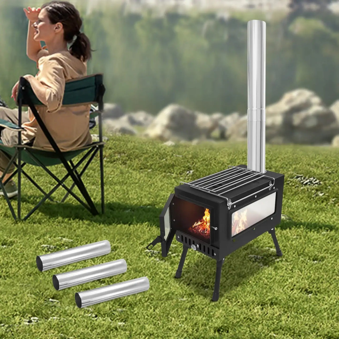 Foldable Camping Tent Stove With Chimney Carbon Steel Wood-Burning Heater  For Cooking & Heating Outdoor Camping Tools
