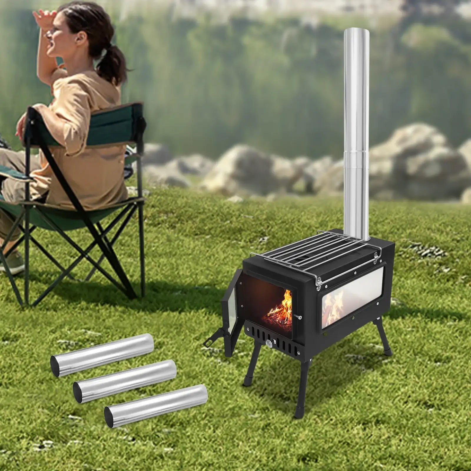 Foldable Camping Tent Stove With Chimney Carbon Steel Wood-Burning Heater  For Cooking & Heating Outdoor Camping Tools