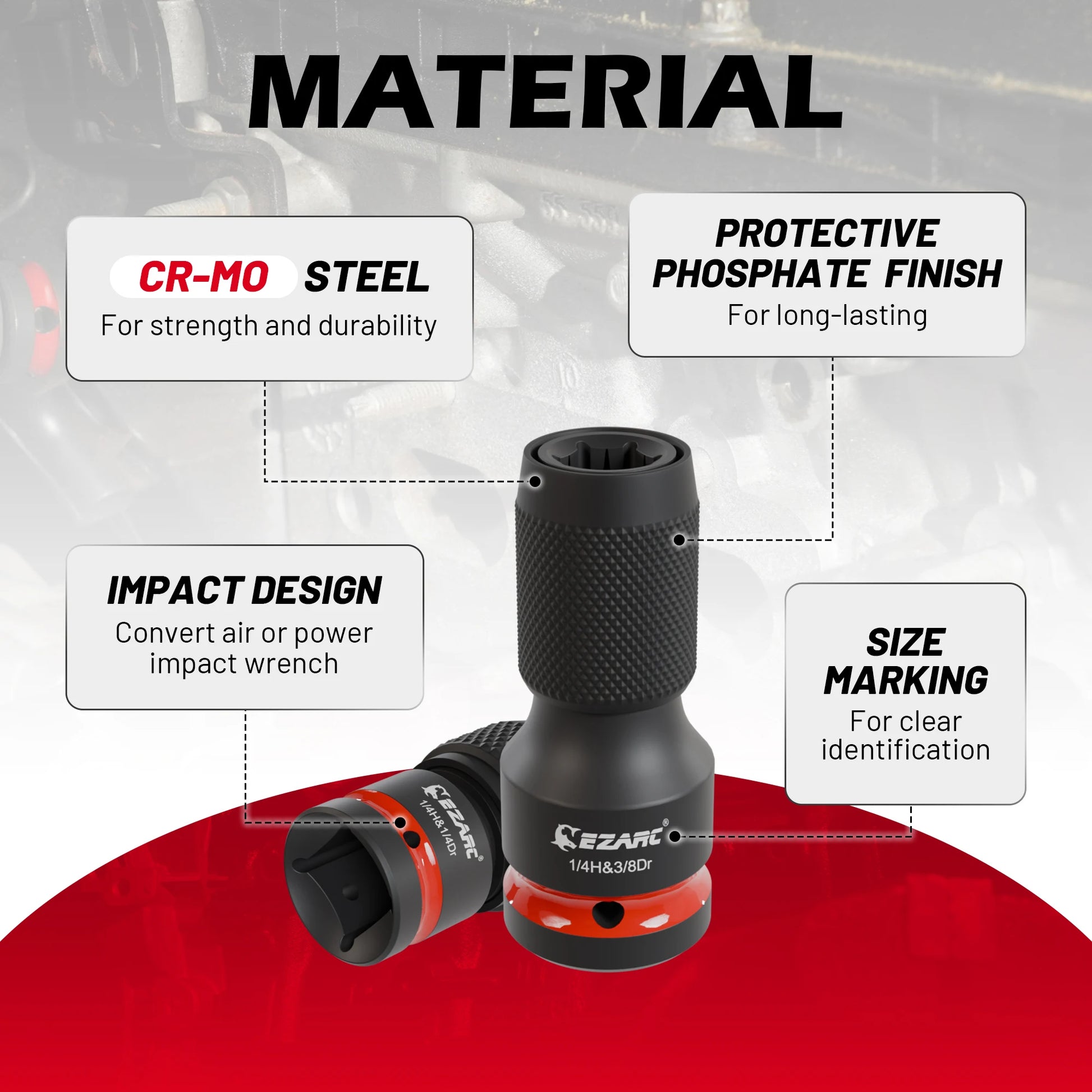 EZARC 4 Piece Impact To Hex Converter, Square Drive Sockets, Impact Wrench Driver Adapter For Ratchet Wrench Drivers