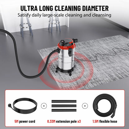 1200W Heavy Duty Wet Dry Vacuum, 20L Industrial Strength For Garage, Car, Workshop, Commercial Use, Blower & Suction Modes