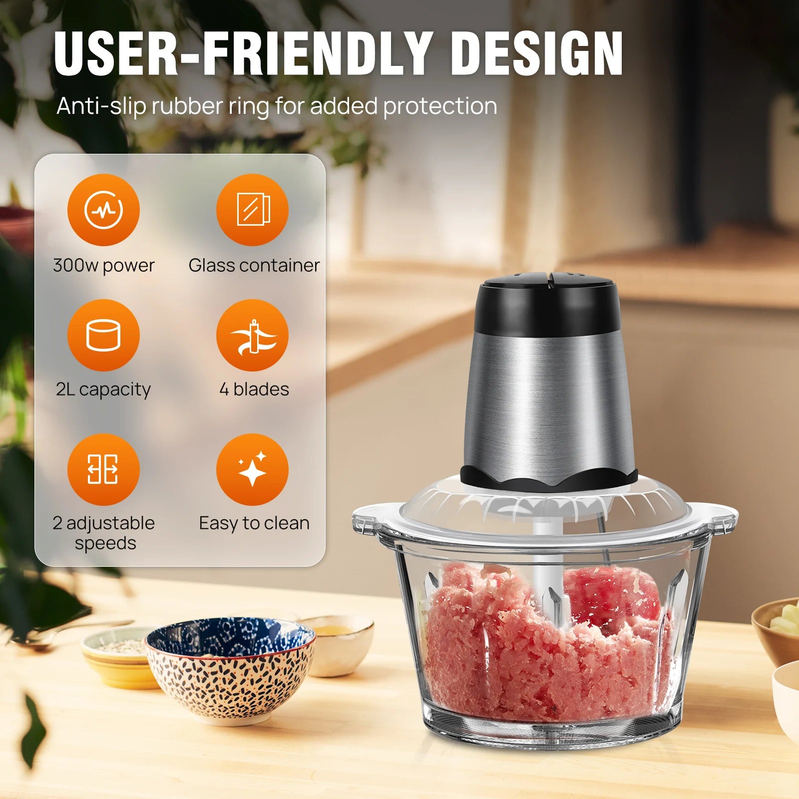 2L Electric Food Vegetable Small Food Processor Meat Mincer Chopper, Grinder Mixer Electric Dicer With 2 Speeds 