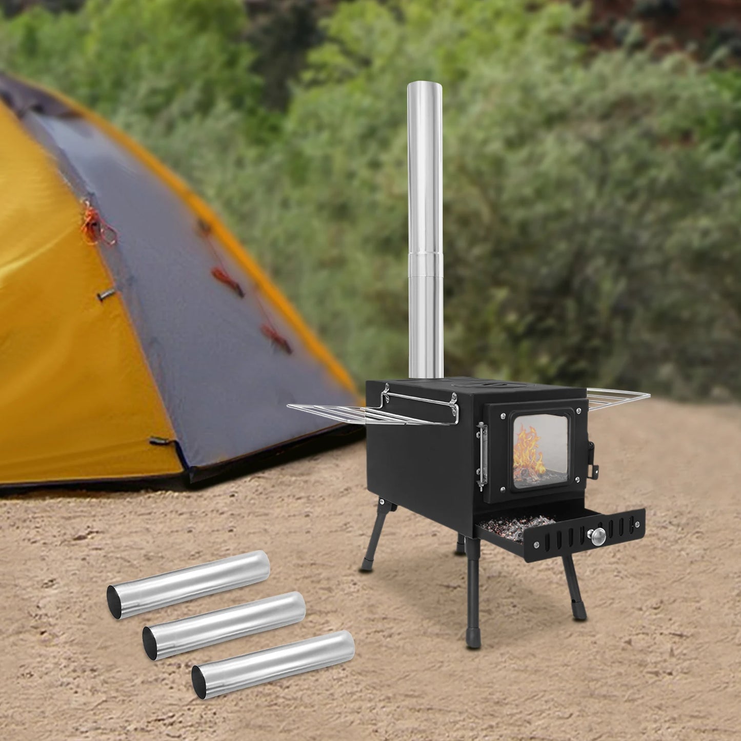 Foldable Camping Tent Stove With Chimney Carbon Steel Wood-Burning Heater  For Cooking & Heating Outdoor Camping Tools