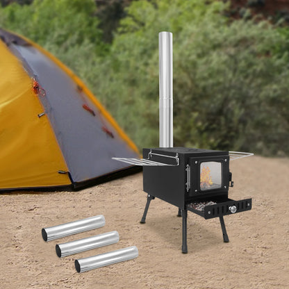 Foldable Camping Tent Stove With Chimney Carbon Steel Wood-Burning Heater  For Cooking & Heating Outdoor Camping Tools