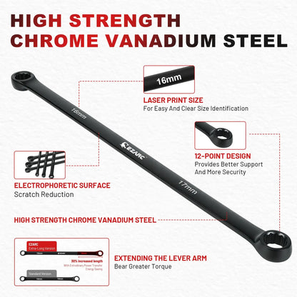 EZARC 6 Pack Extra Long Ratcheting Wrench Spannere Set Metric 8-19 mm Cr-V Steel And Black Electrophoretic Coating