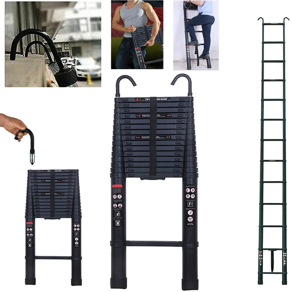 6.2M Heavy Duty Telescopic Ladder 14 Steps Aluminium Extending Roof Ladder With Hooks For Multi-Purpose Indoor Outdoor Ladder