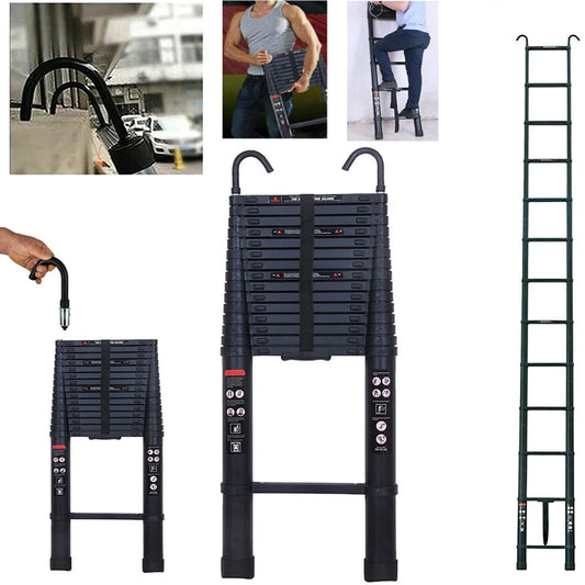 6.2M Heavy Duty Telescopic Ladder 14 Steps Aluminium Extending Roof Ladder With Hooks For Multi-Purpose Indoor Outdoor Ladder