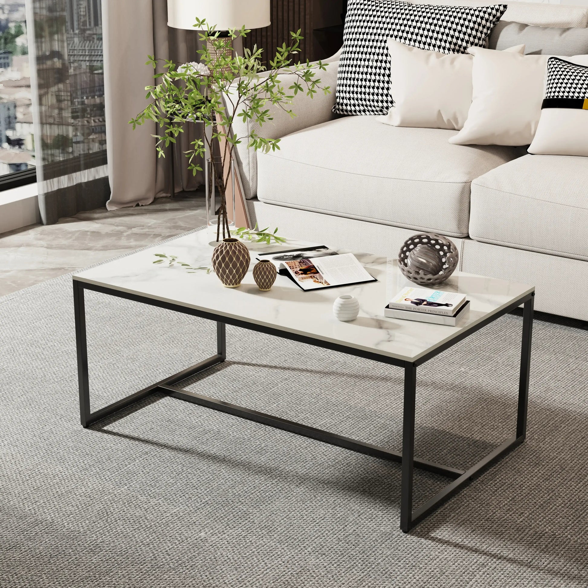 Natural Sintered Stone Sofa Centre Coffee Table With Black Metal Frame - Rectangular Furniture Decor Table for Living Room