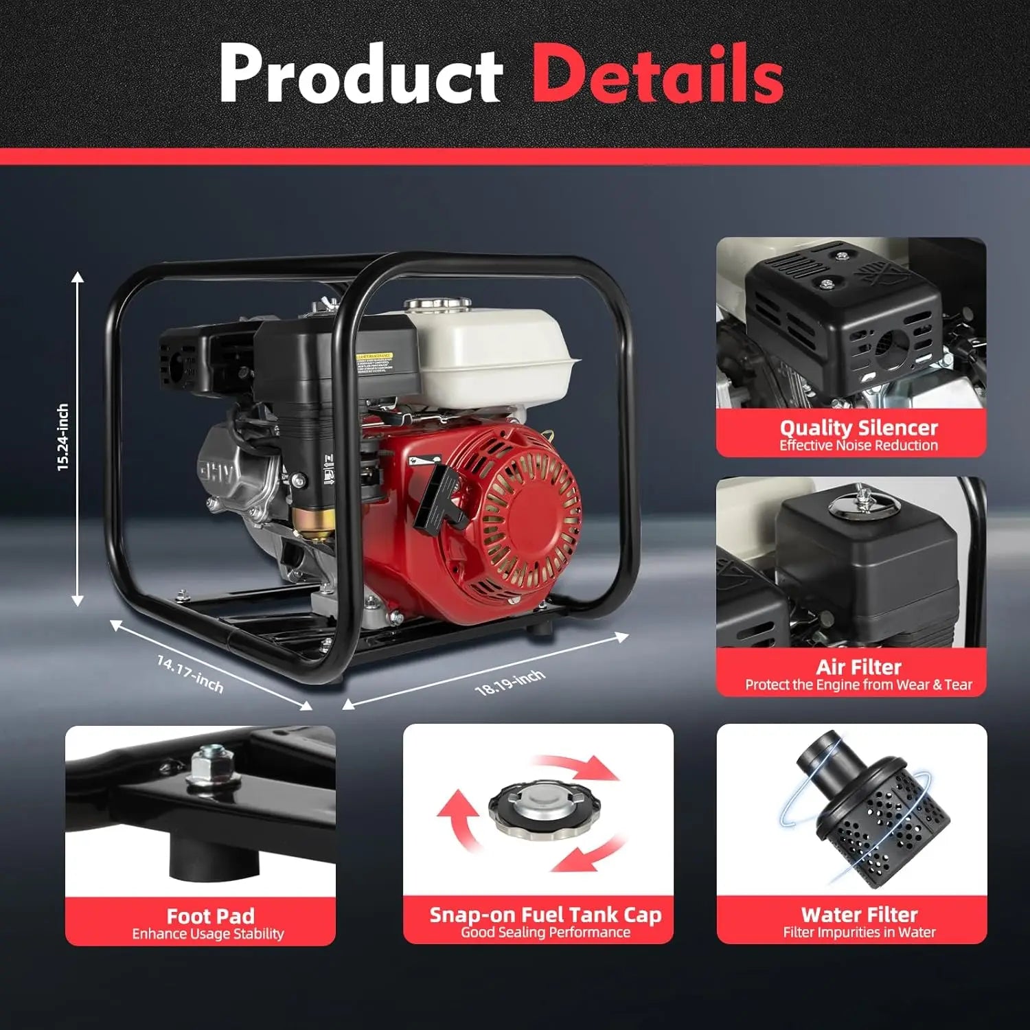 6.5HP 2-Inch 4-Stroke Water Pump - 36M³/H High Flow & 92Ft Lift, Efficient, Air-Cooled & Self-Priming 23Ft, Aluminium & Iron Build