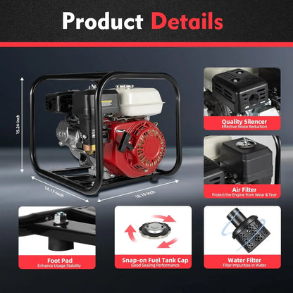 6.5HP 2-Inch 4-Stroke Water Pump - 36M³/H High Flow & 92Ft Lift, Efficient, Air-Cooled & Self-Priming 23Ft, Aluminium & Iron Build