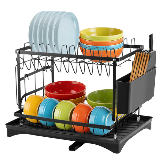 2-Tier Black Dish Drying Rack for Kitchen Countertop - Stainless Steel Dish Drainer with Drip Tray, Draining Board & Utensil