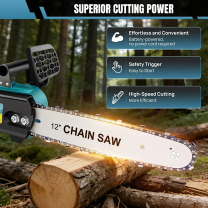 12 Inch Cordless Chainsaw, Electric Power Chain Saw with Battery & Chain with Safety Lock for Tree Trimming, Garden,Wood Cutting