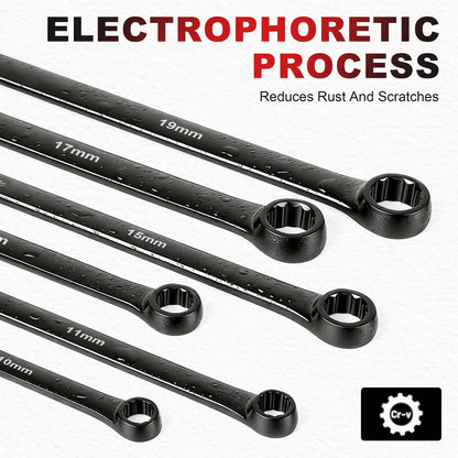 EZARC 6 Pack Extra Long Ratcheting Wrench Spannere Set Metric 8-19 mm Cr-V Steel And Black Electrophoretic Coating