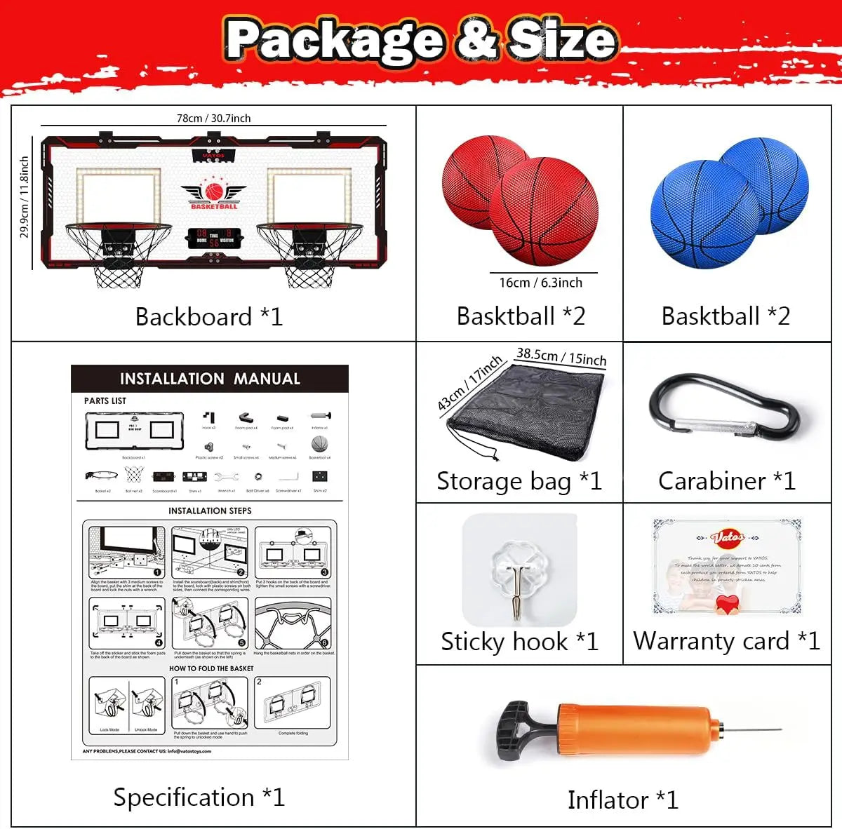 VATOS Basketball Hoop X2 Indoor Outdoor Electric Mini Basketball Scoreboard 4X Balls Toy Gift for Kids Boys Girls Sports Game