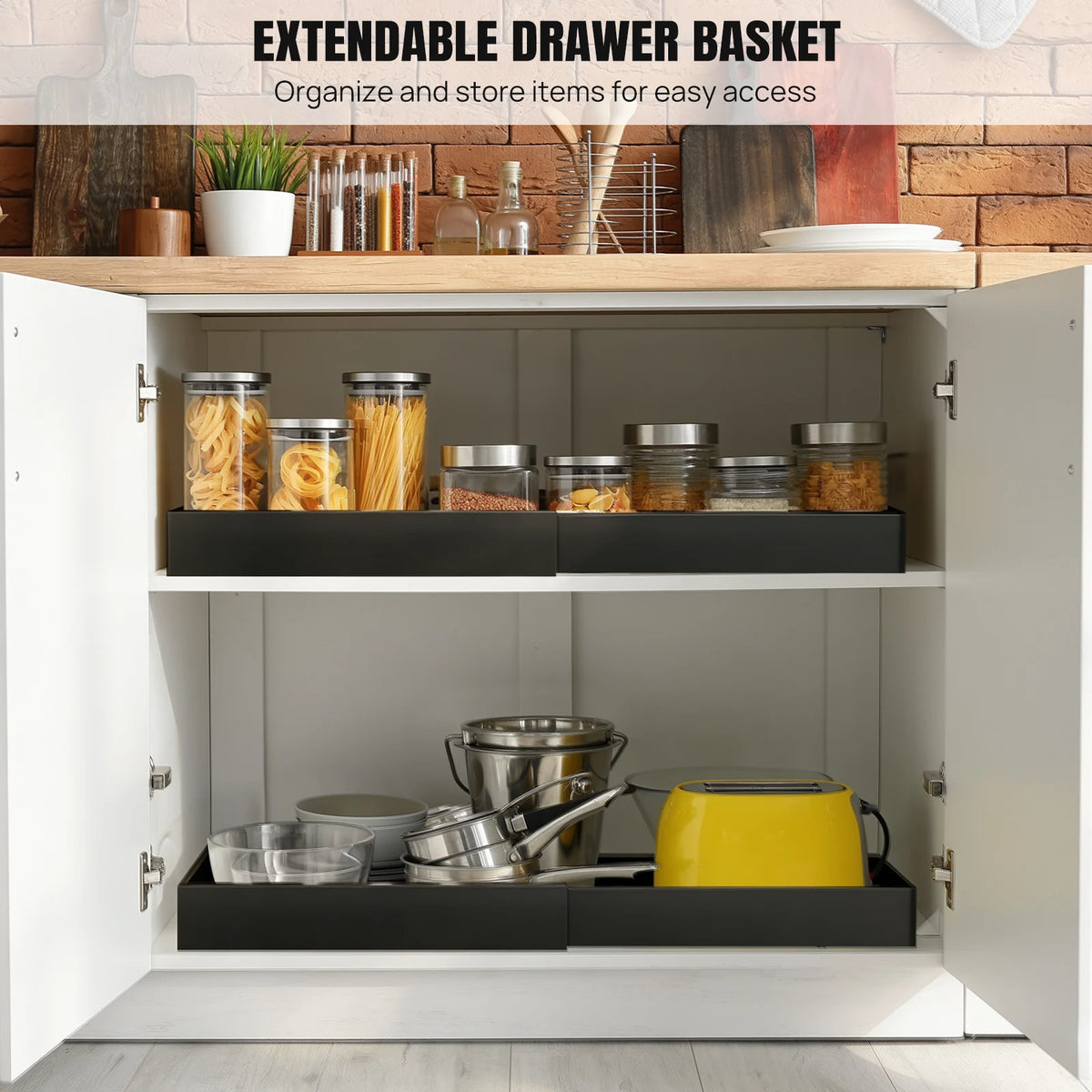 2 Pack Expandable Pull Out Cabinet Organizer Adhesive, Peel and Stick Slide Out Drawers for Kitchen Cabinets,Cabinet Pull Out Shelves for Kitchen Pantry Organization Adjustable Width 12.6"-21"