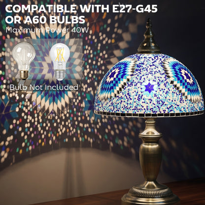Tiffany-Style Stained Glass Bedside Table Lamp | Blue Coloured Glass Shade | Bronze-Tone Electroplated Frame | E27 Max 40W | Inline Switch | 1.5m Cable | 30x30x50cm | Blue