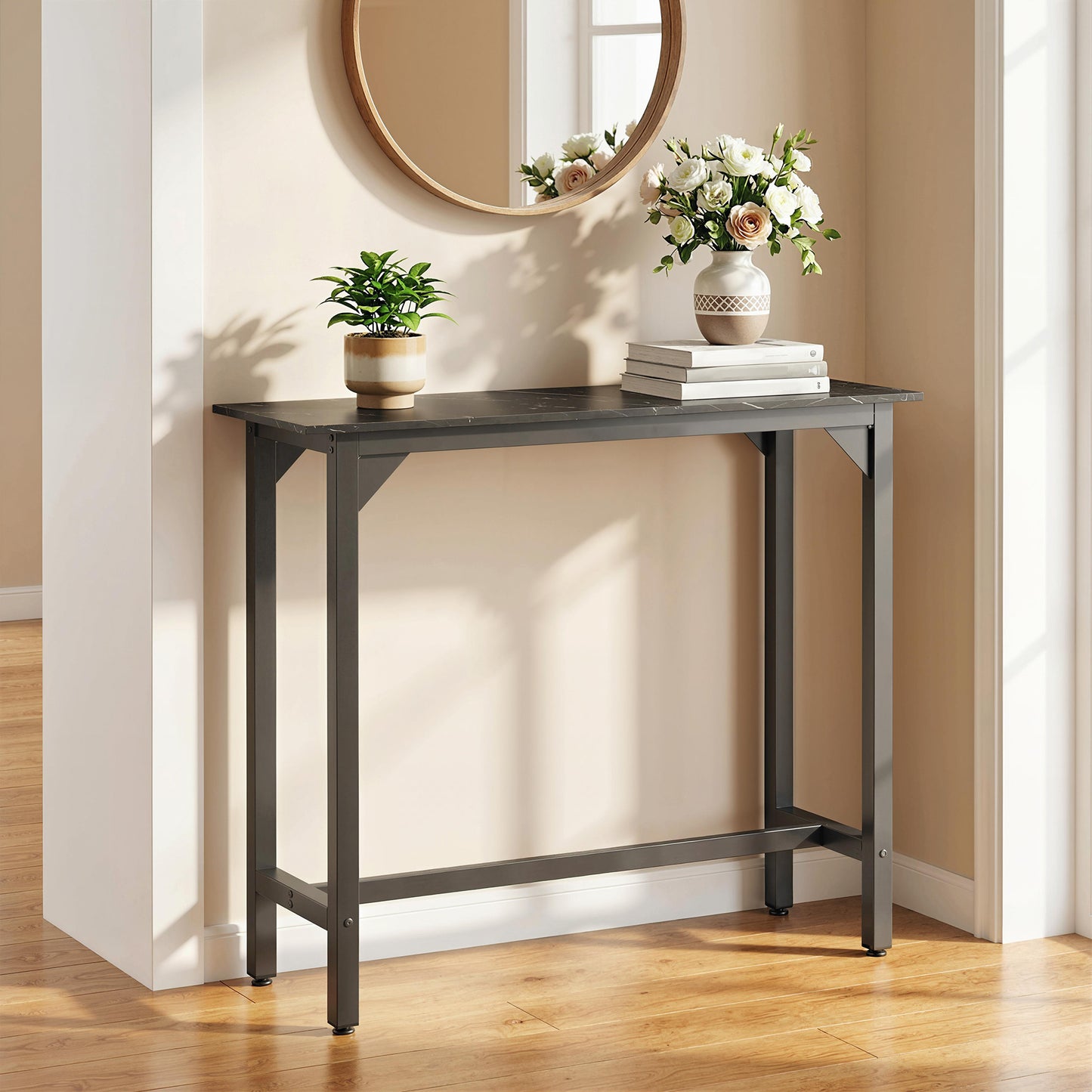 Rectangular Bar Table, Marble Effect Pub Coffee Table for Small Space, Breakfast Dining, Black Marble Effect