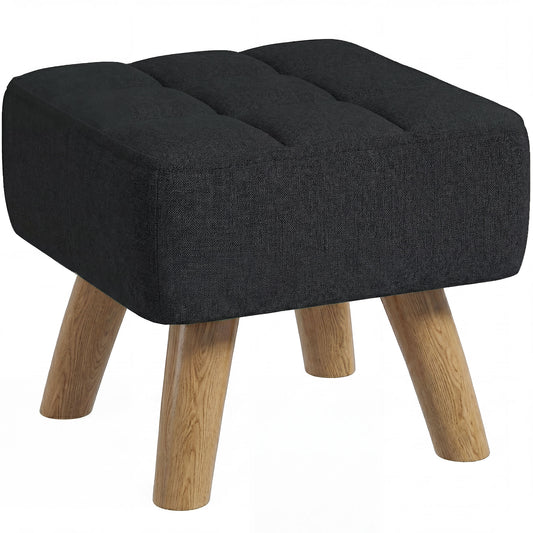 Square Padded Footstool Ottoman Pouffe | Tufted Linen-Look | Black